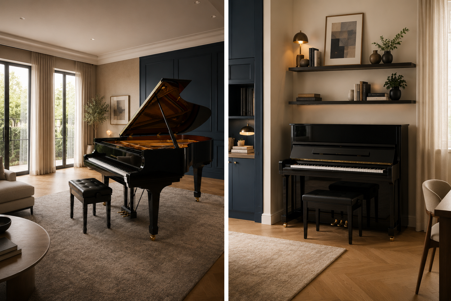 Grand piano and upright piano placement in a home