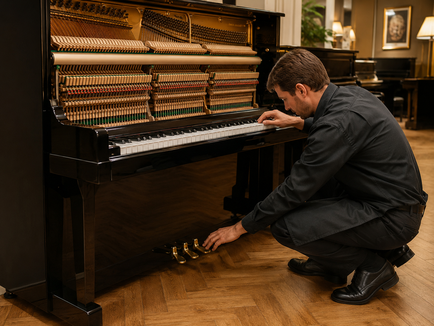 Technician checking the keys, action and pedals of a piano on site