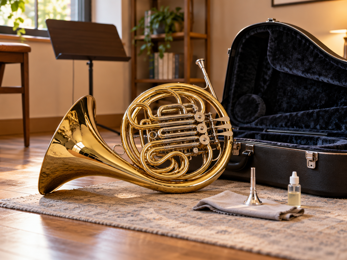 French horn with its instrument case for long-term practice and rental use
