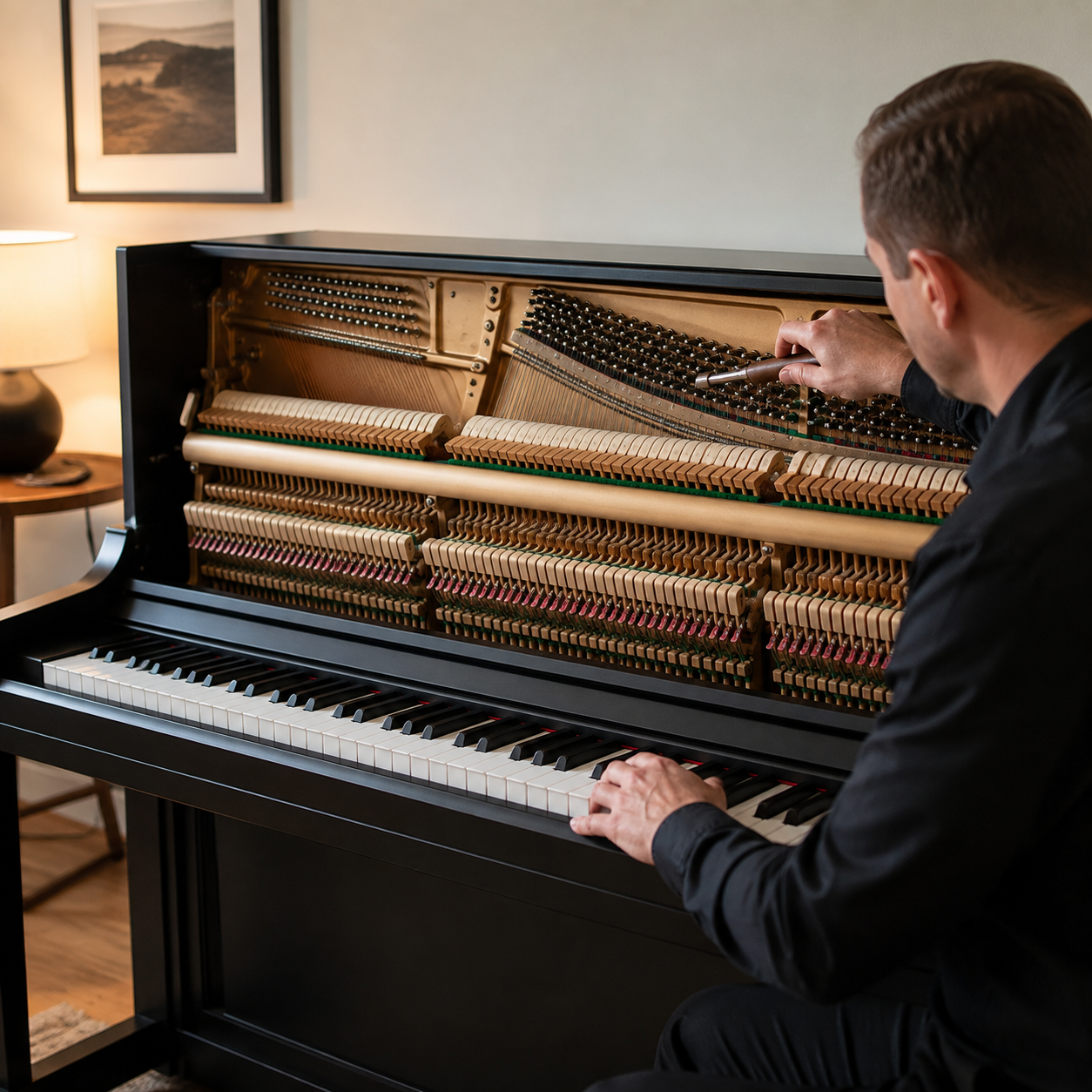 Internal mechanism of an Upright Piano showing keys hammers strings and components to inspect before tuning
