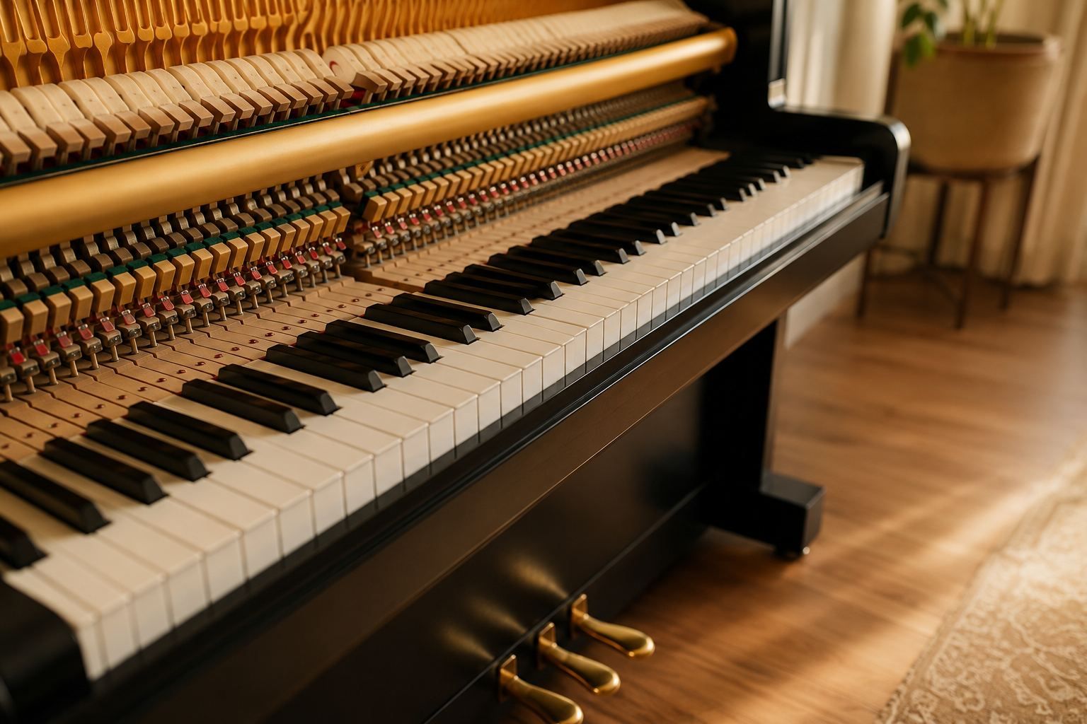 technician inspecting the keys action and strings of a piano that has been unused for years