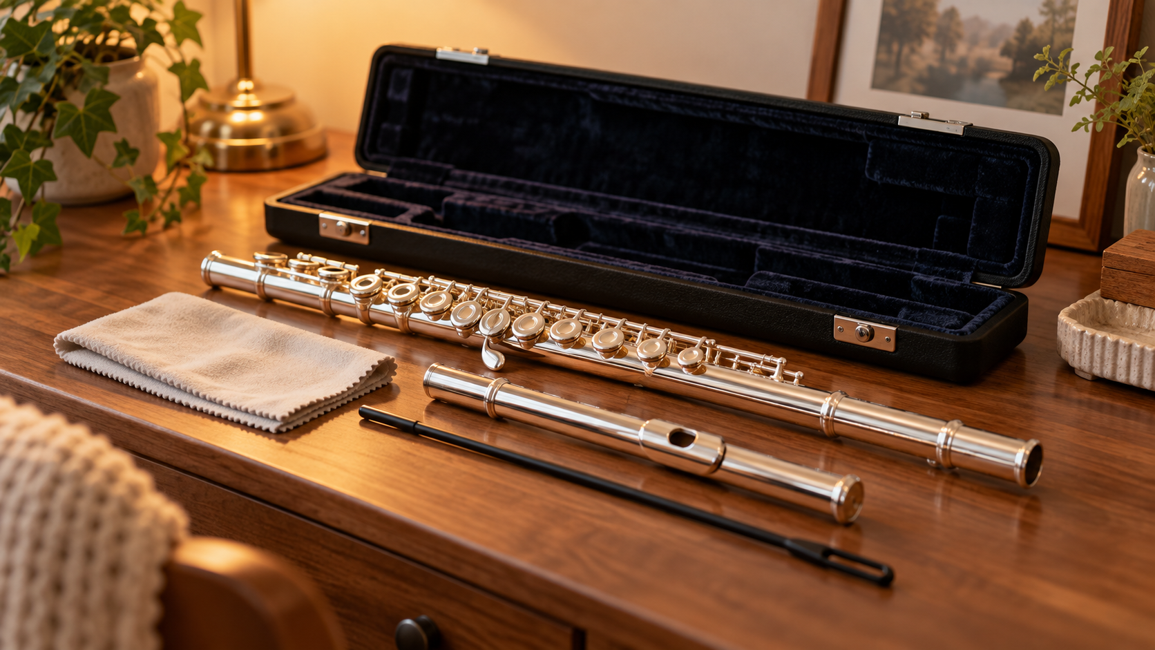 flute after practice with cleaning cloth and case for proper storage