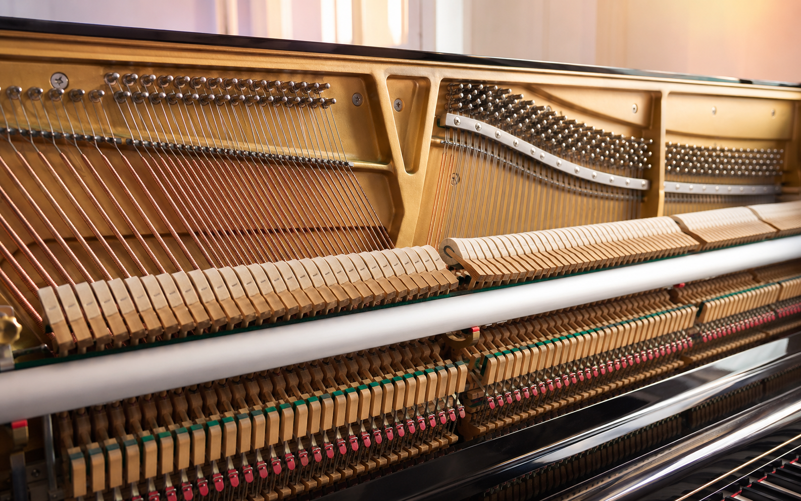 Internal action and hammers of a used Yamaha U3 piano