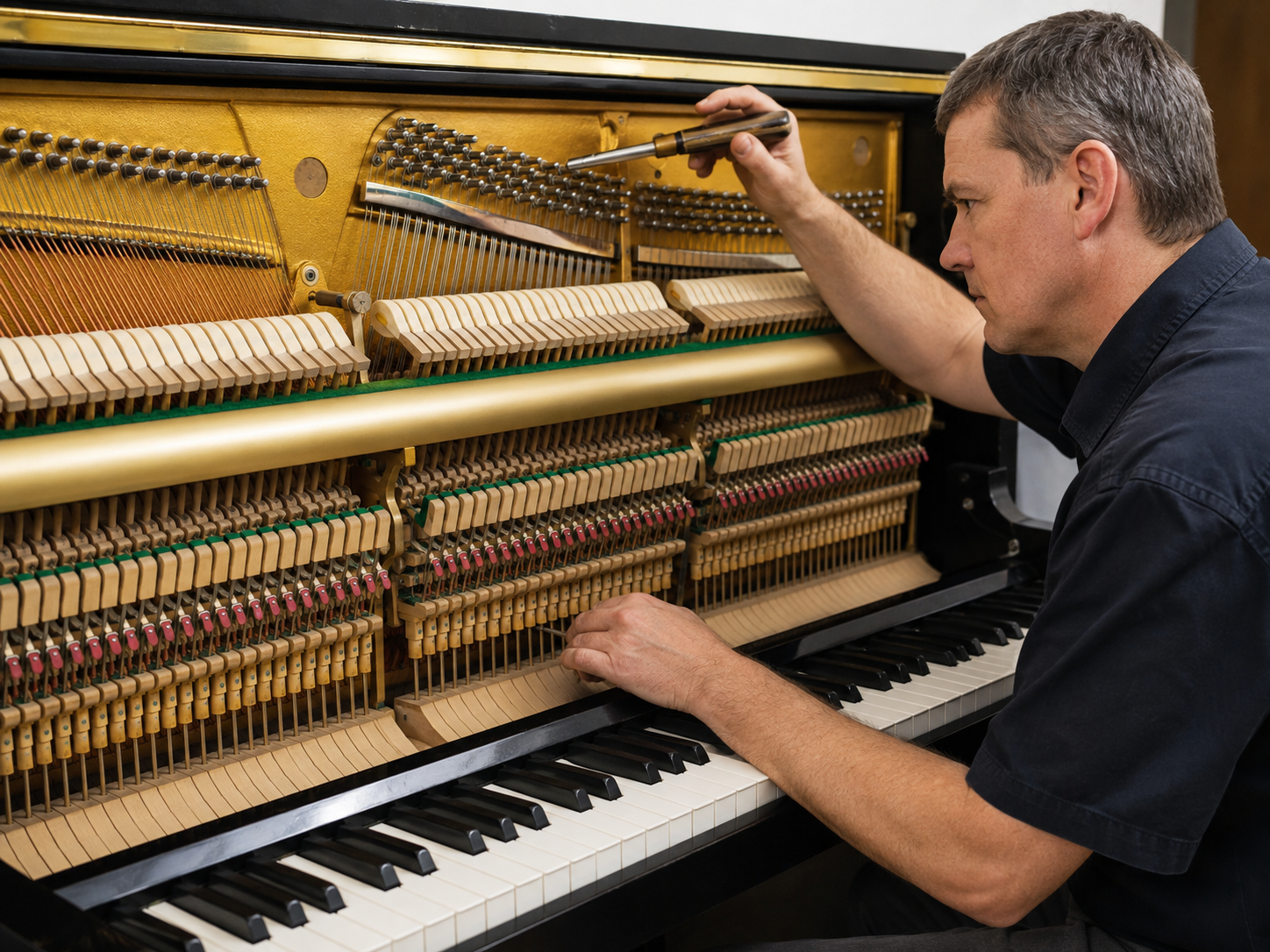Piano technician inspecting the internal action hammers keys and components of an Upright Piano before tuning