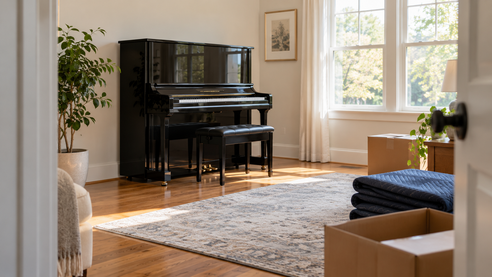 upright piano after moving into a new room with its placement and surrounding environment visible