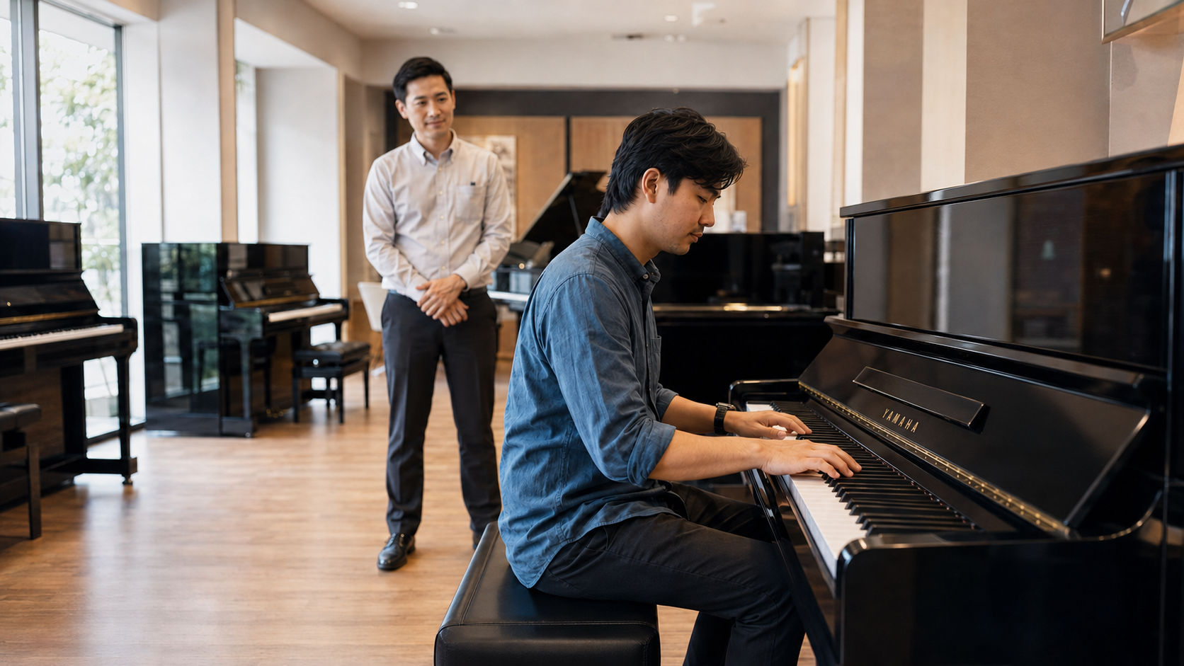 Secondhand Yamaha piano from Japan in a piano showroom