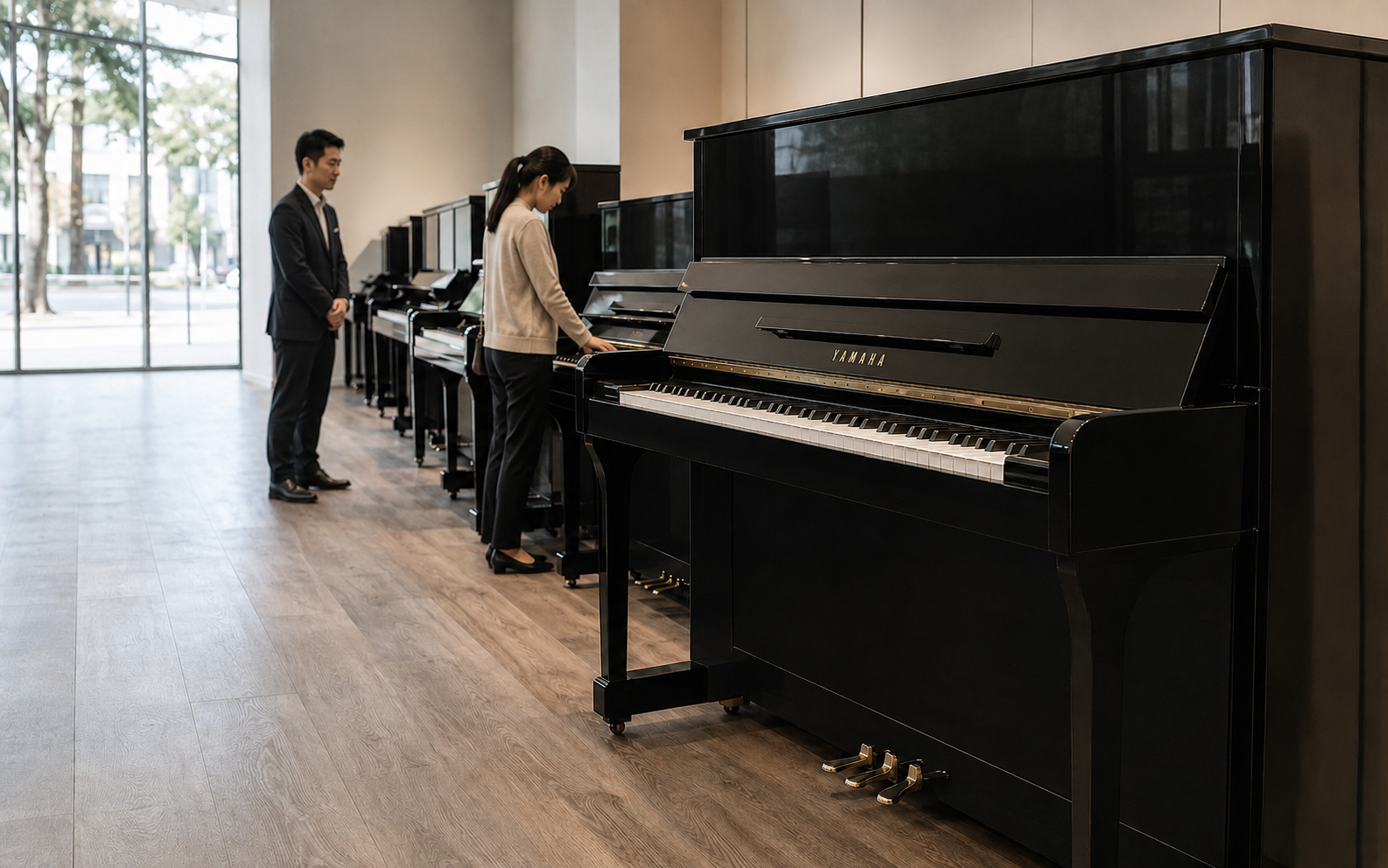 Piano technician inspecting the internal mechanism of a secondhand Yamaha piano