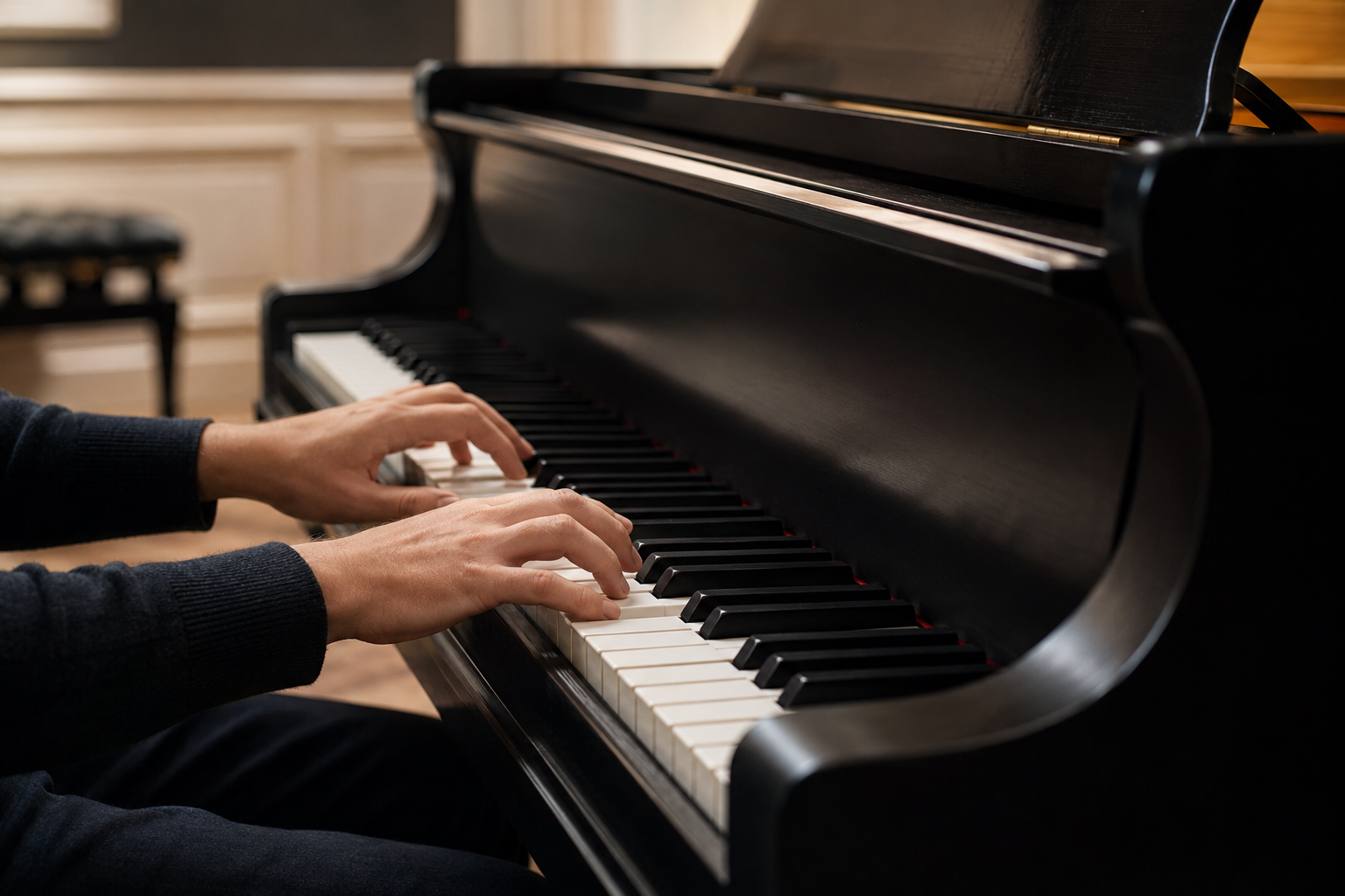 Testing the tone and keyboard response of a used Yamaha grand piano