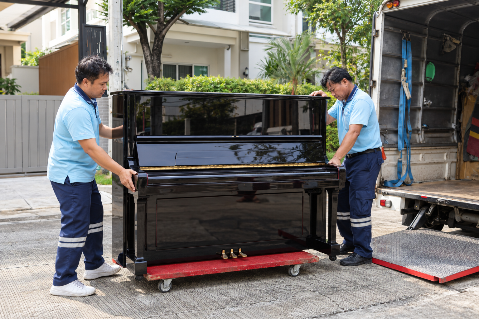 upright piano being moved through an indoor access area that should be assessed before moving