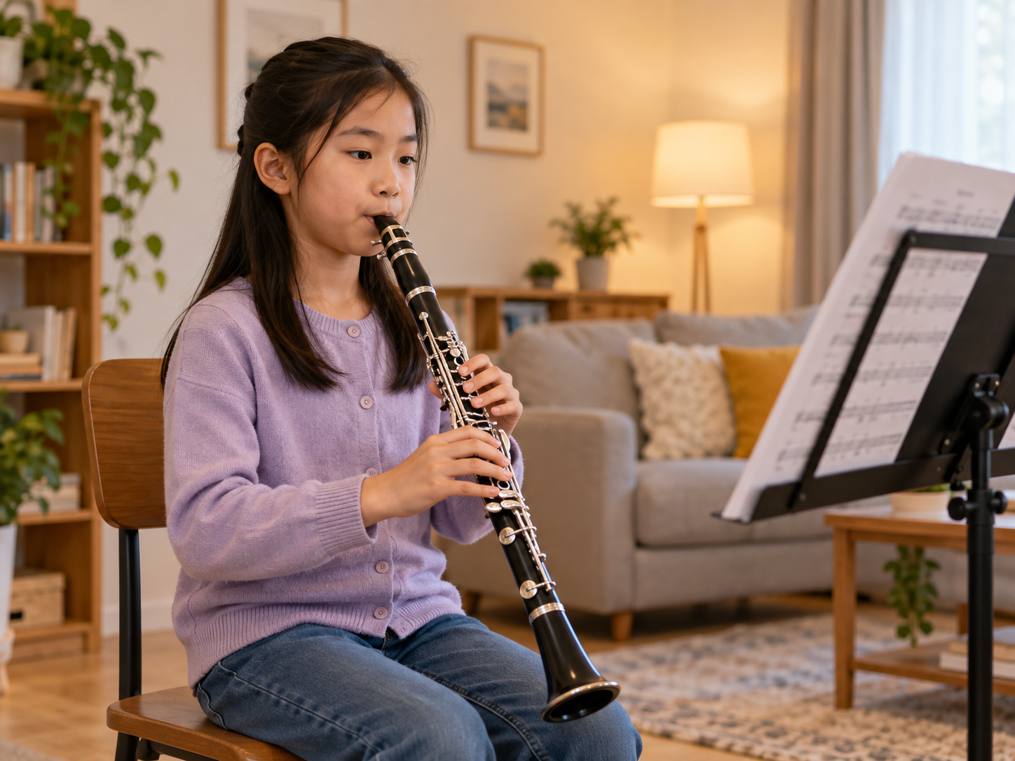 beginner student practicing Bb Clarinet at home