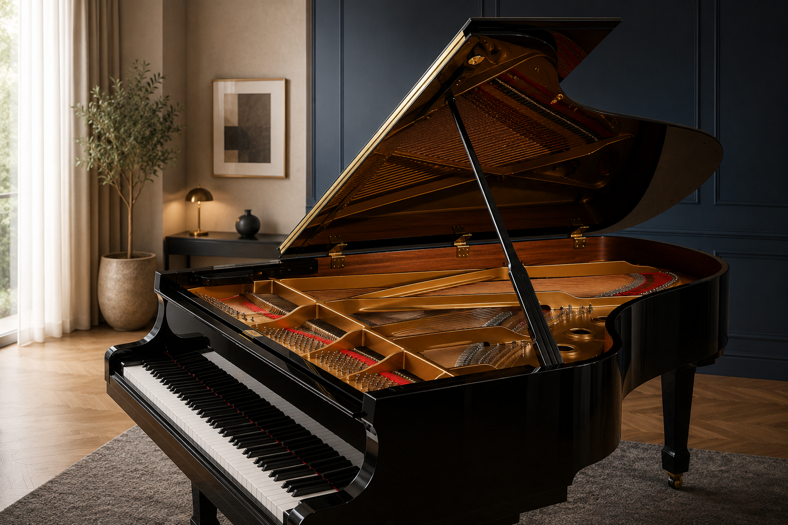 Strings, soundboard and action inside a grand piano