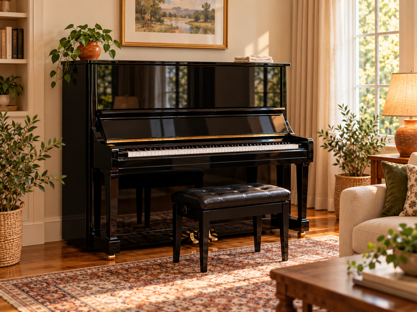 tall upright piano prepared for inspection after water exposure
