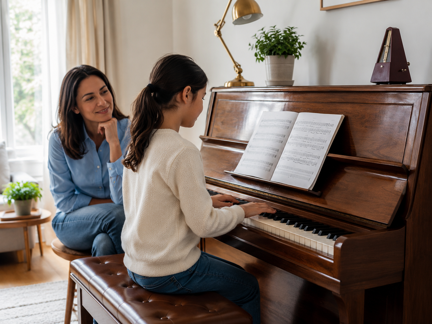 A child practising on an upright acoustic piano at home