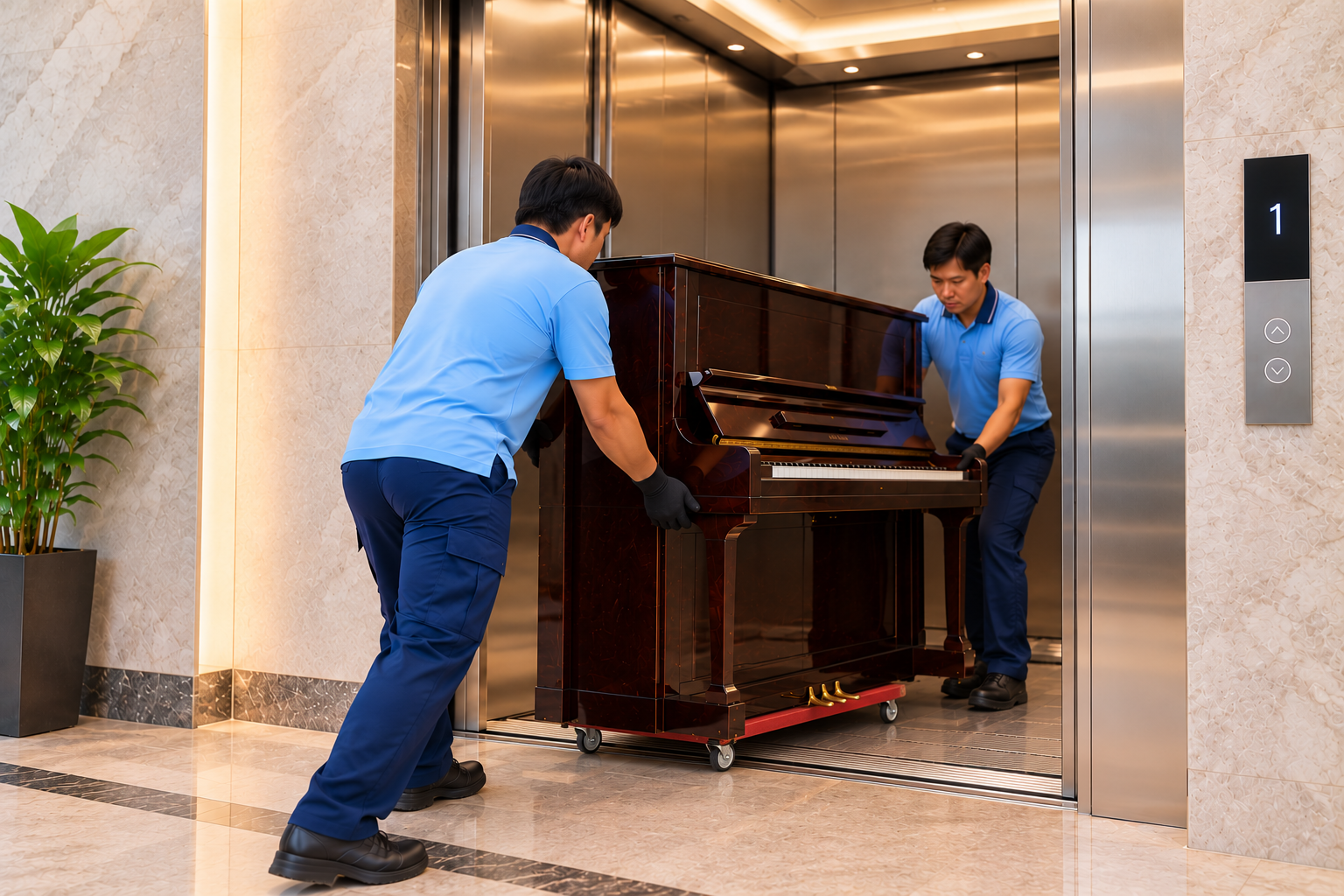professional movers transporting an upright piano through a building entrance and restricted access area