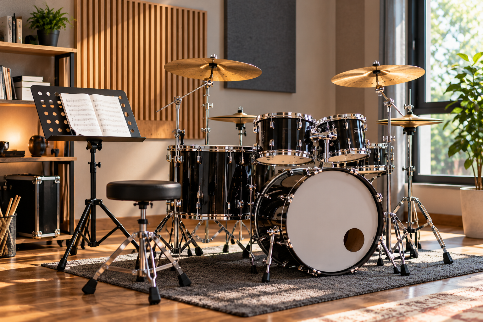 drum set ready for practice, school use, or ensemble use