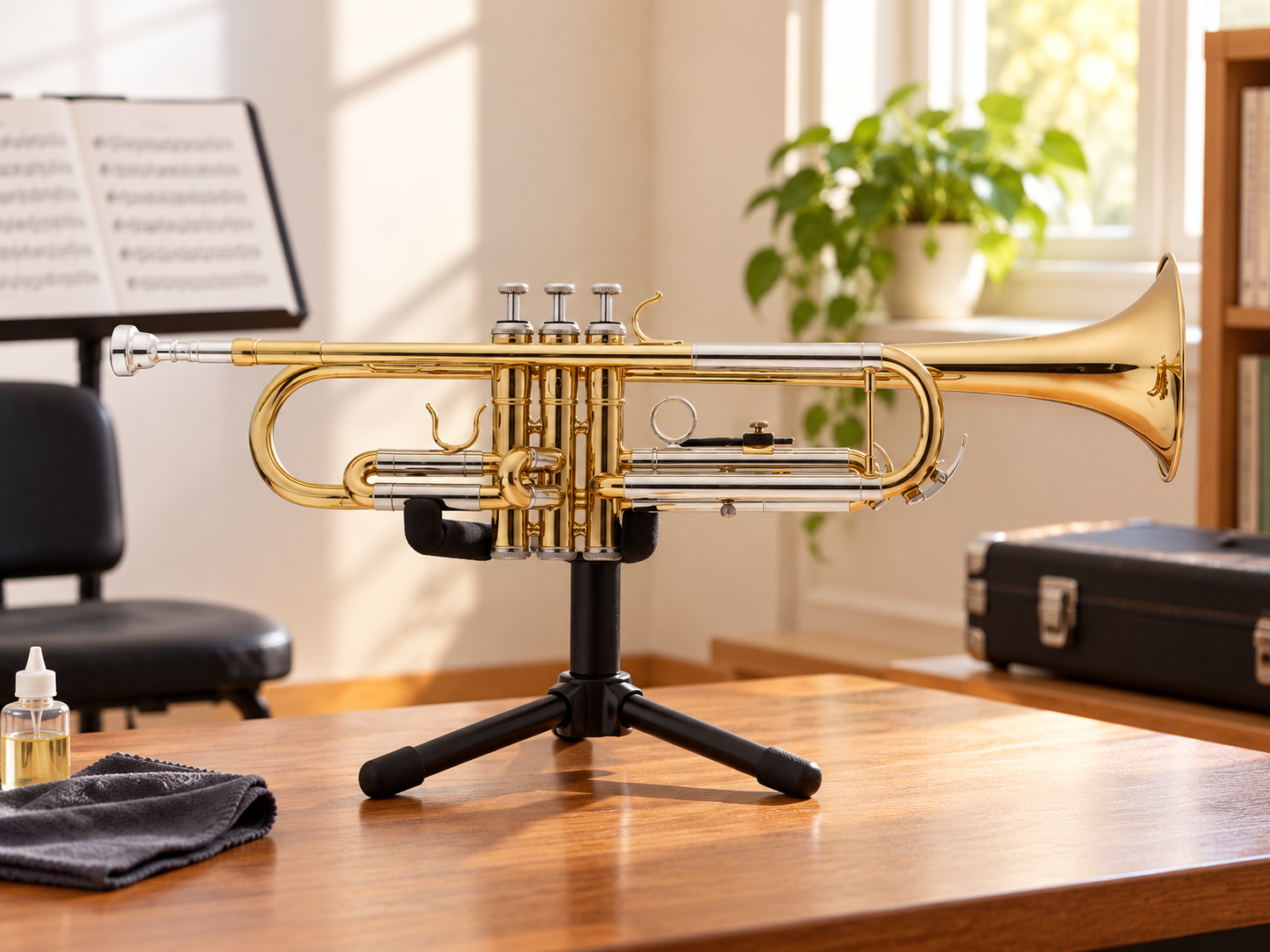 child and beginner practising Trumpet for music lessons