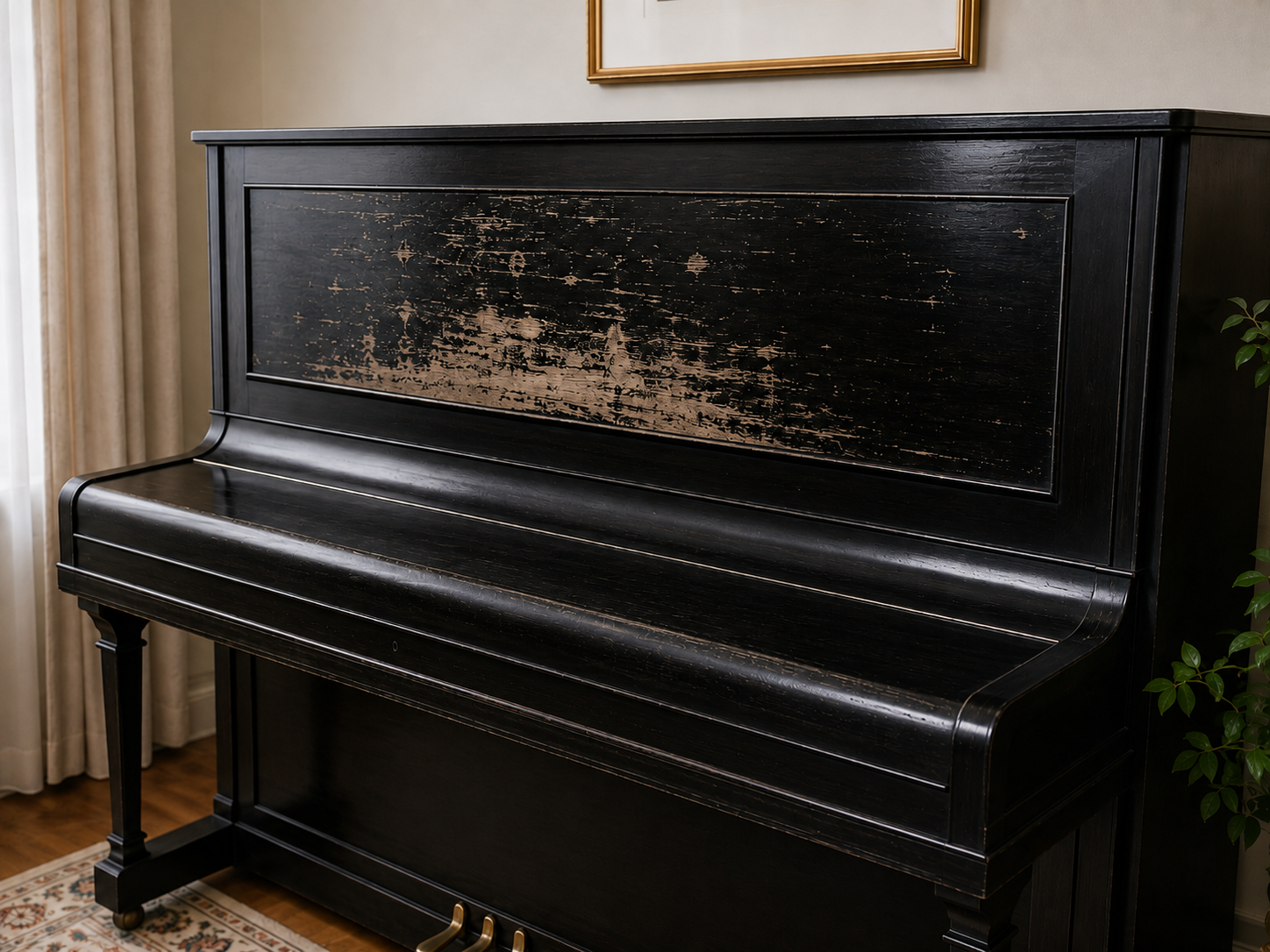 Piano exterior finish damage on a wide panel for spot repair or full-panel refinishing