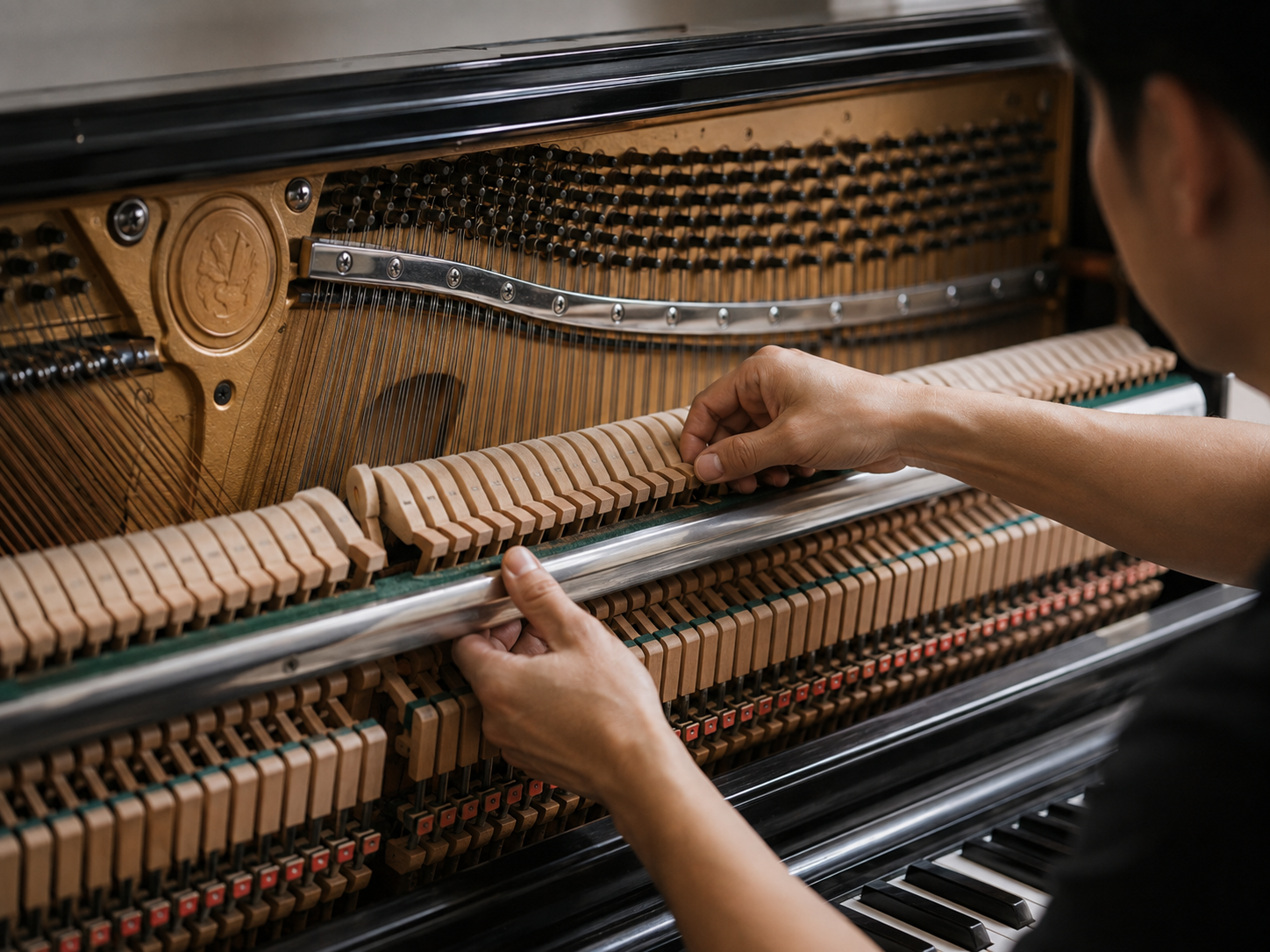 Piano technician inspecting and tuning an Upright Piano to determine whether the pitch problem is caused by tuning or the mechanism