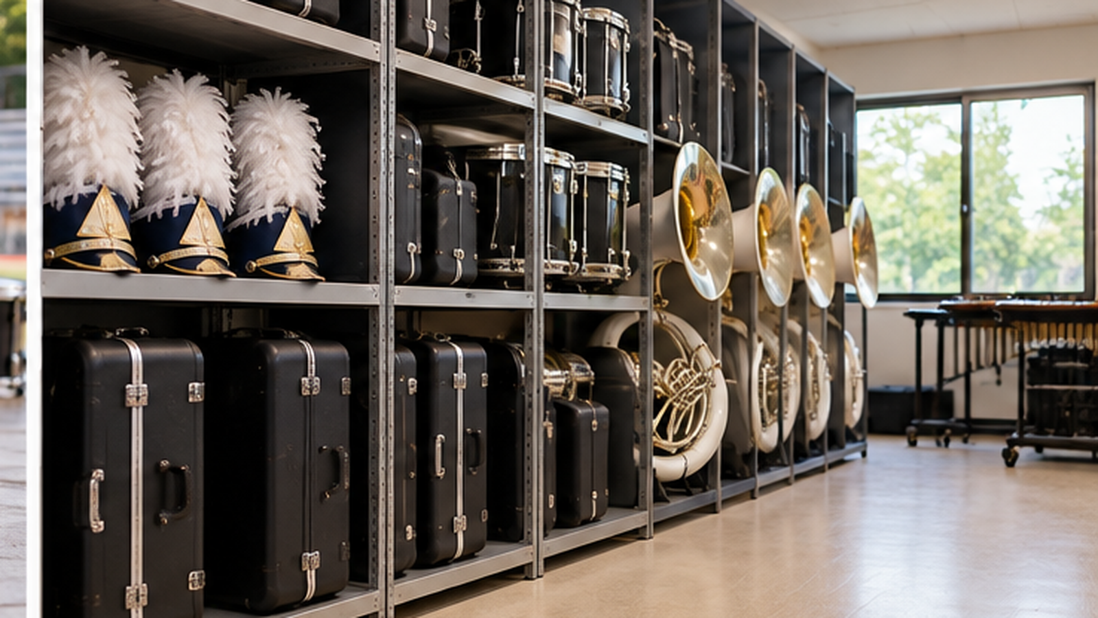 organized storage and care of multiple school band instruments