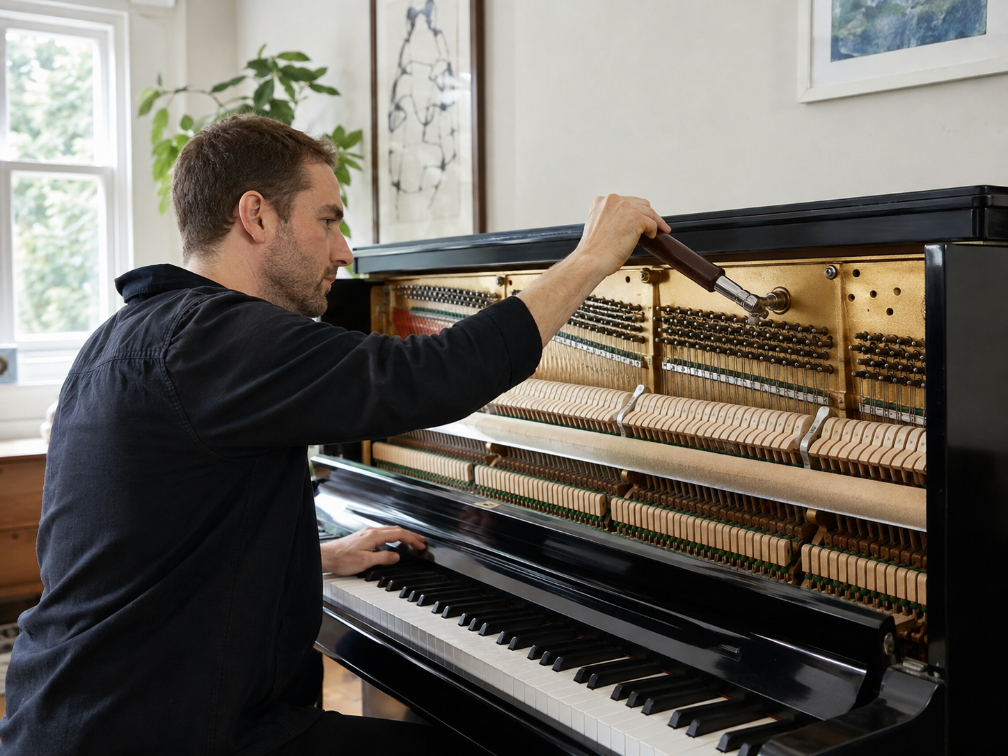 Piano technician tuning an Upright Piano inside a home