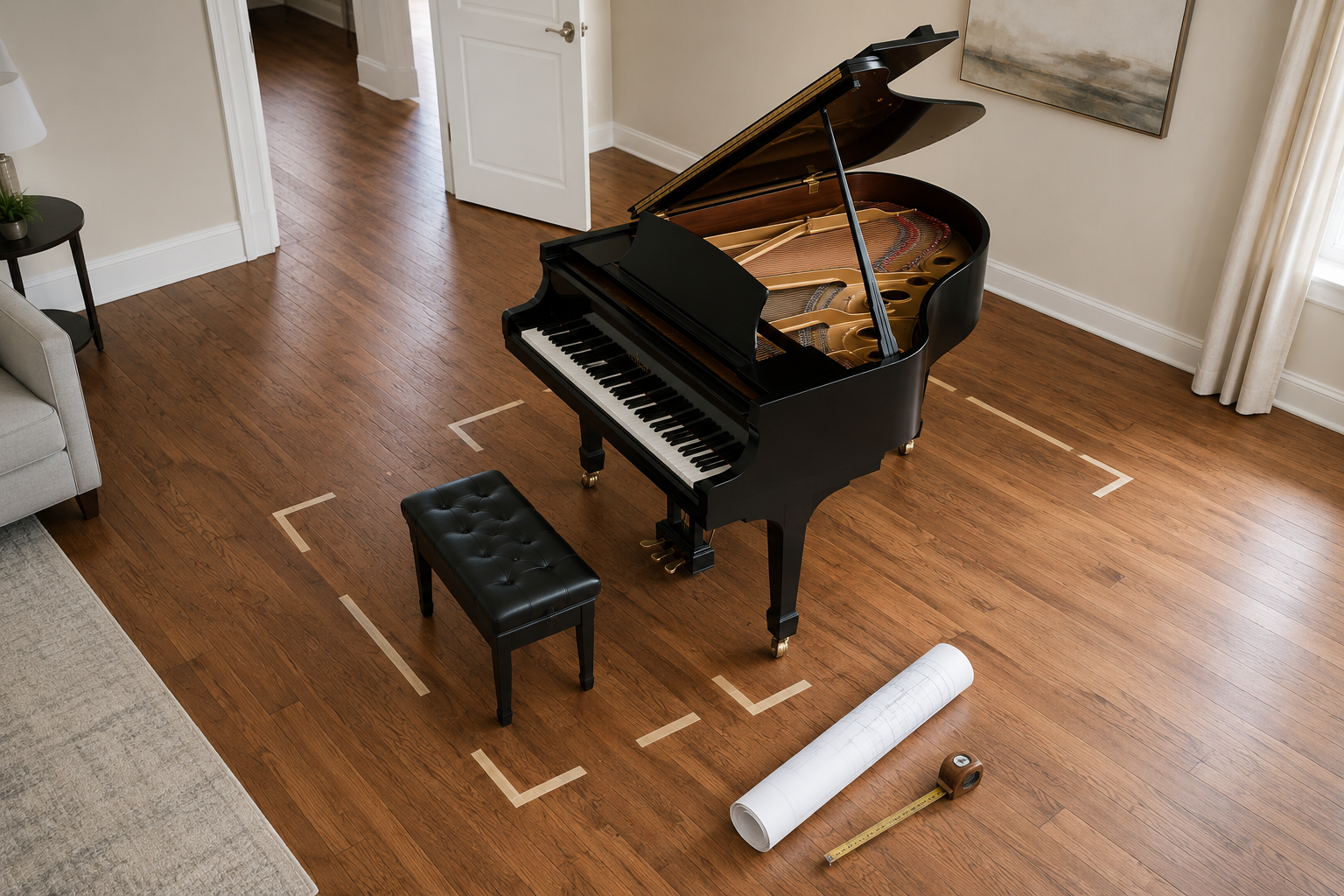 Plan for measuring baby grand piano placement, bench, walkway, and lid-opening space