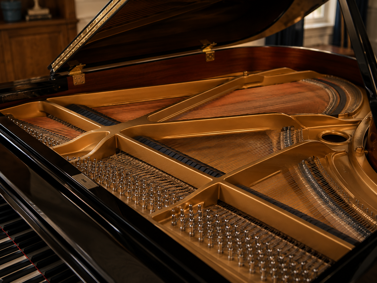 Keyboard action hammers and internal structure of a used Grand Piano inspected before purchase