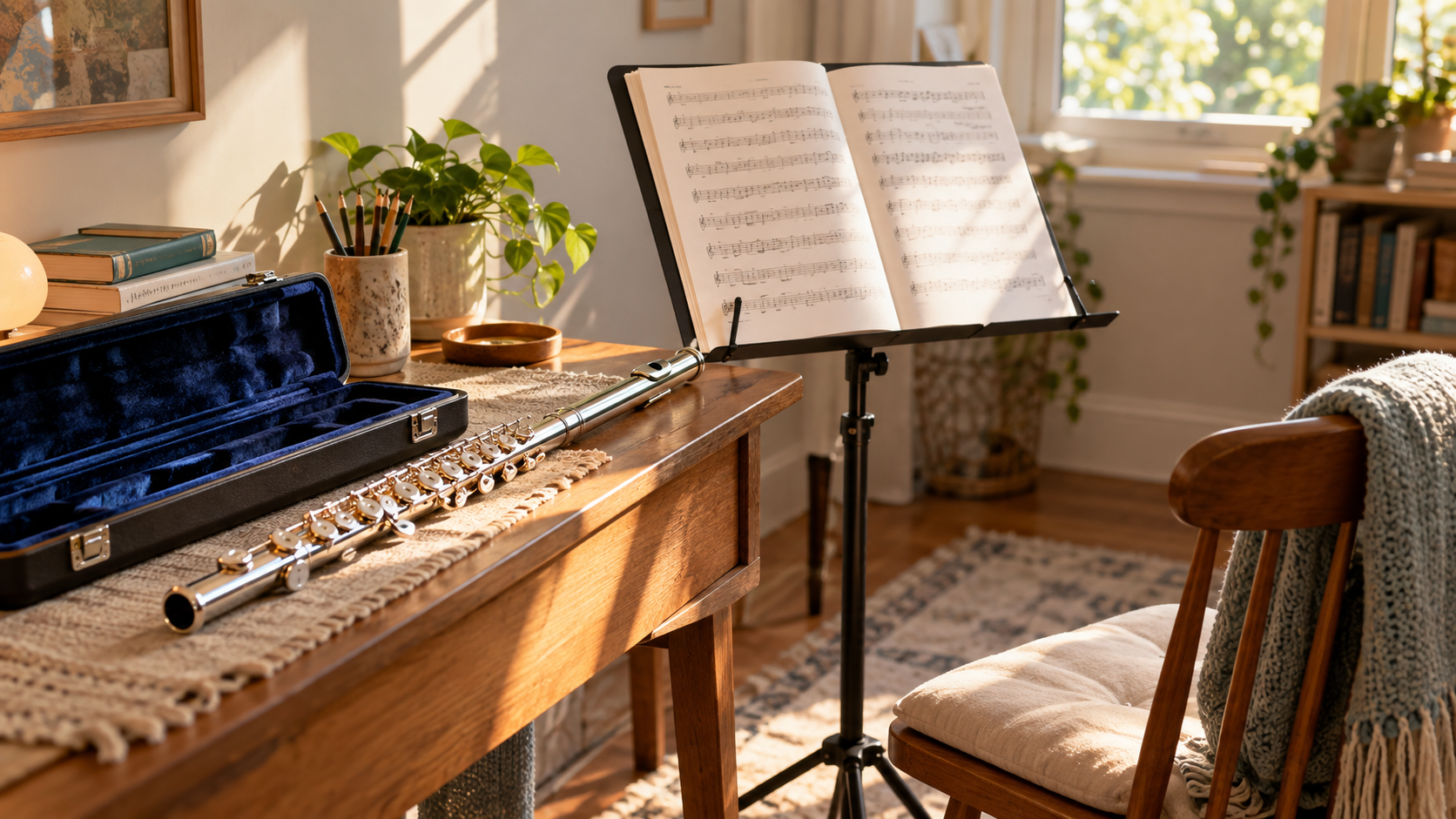 beginner flute with case and sheet music for home practice