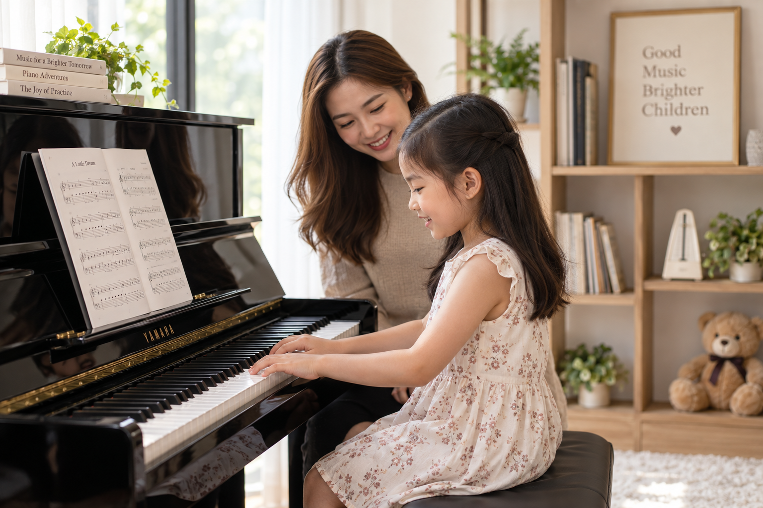 child practicing on an acoustic piano at home