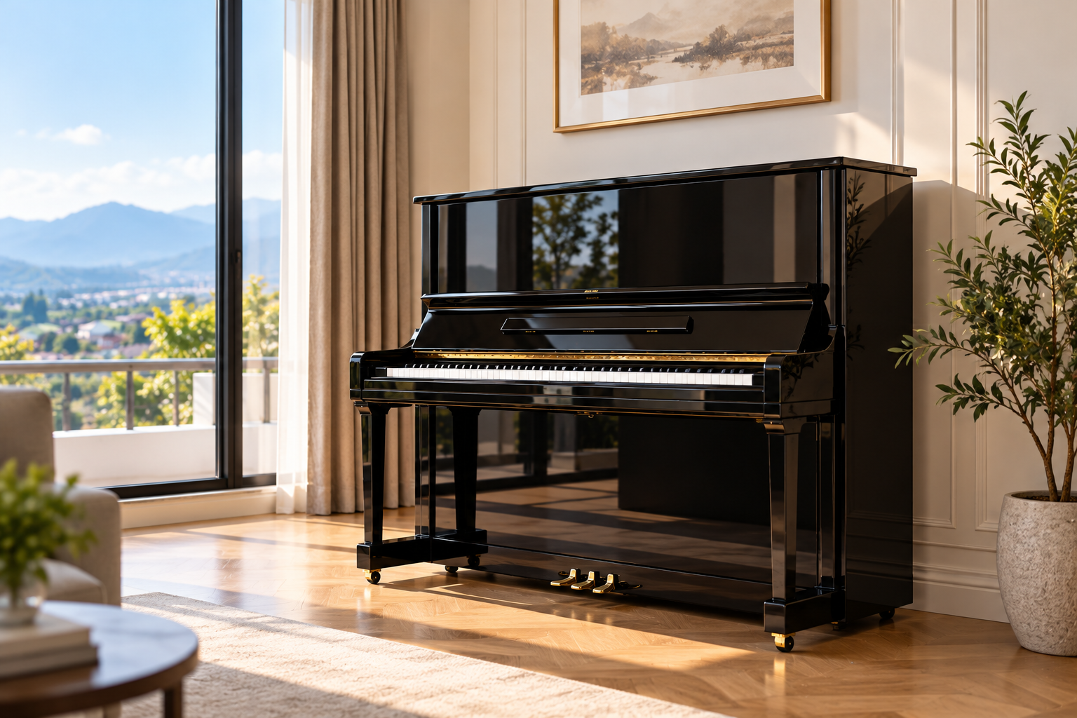 Upright piano placed securely at its new destination after an interprovincial move