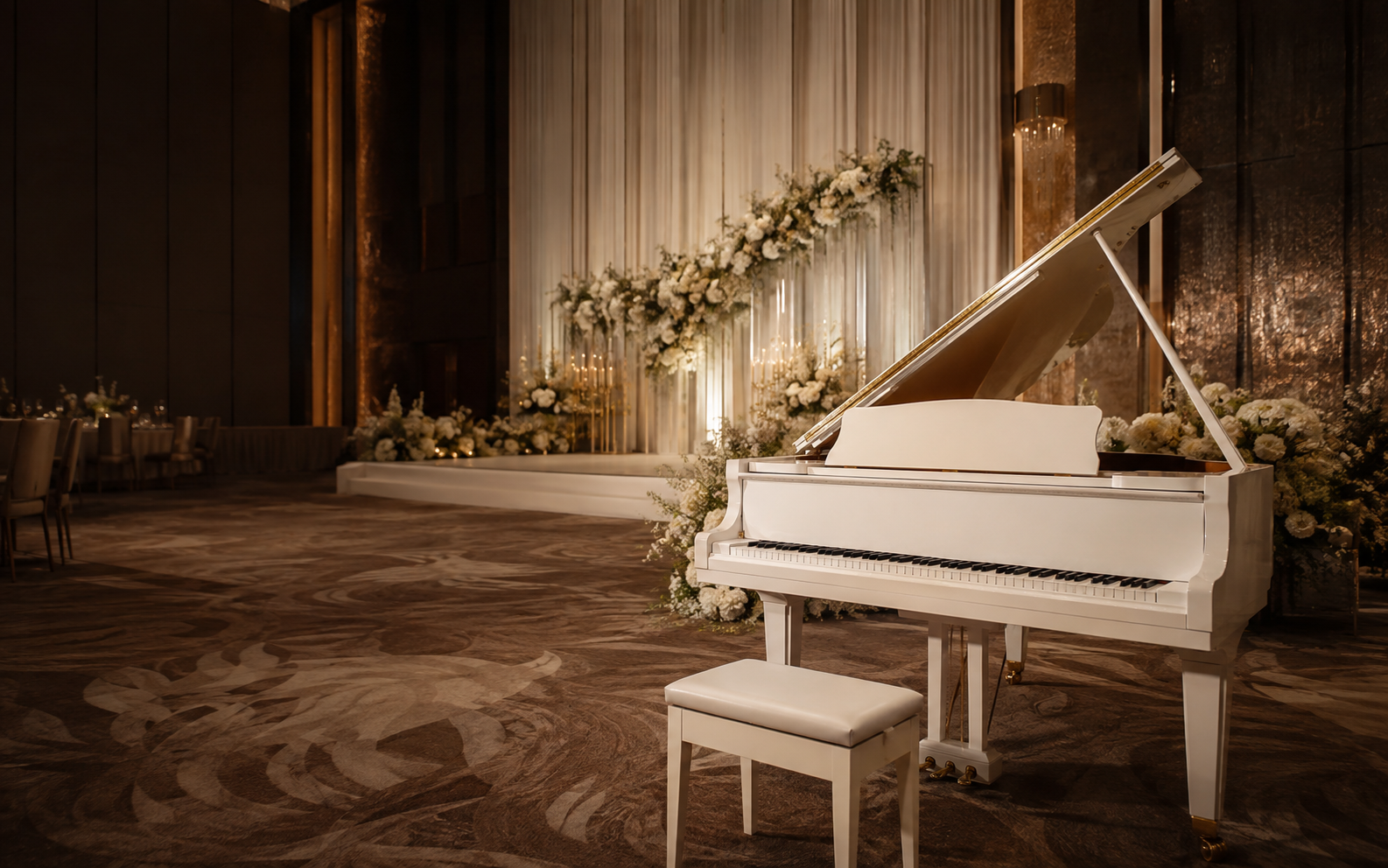 Grand Piano for a wedding in an indoor hotel ballroom