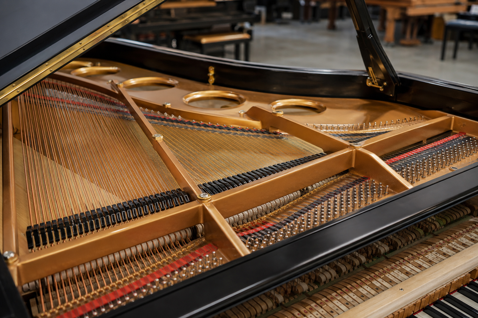 Player trying the tone and key touch of a used Yamaha grand piano