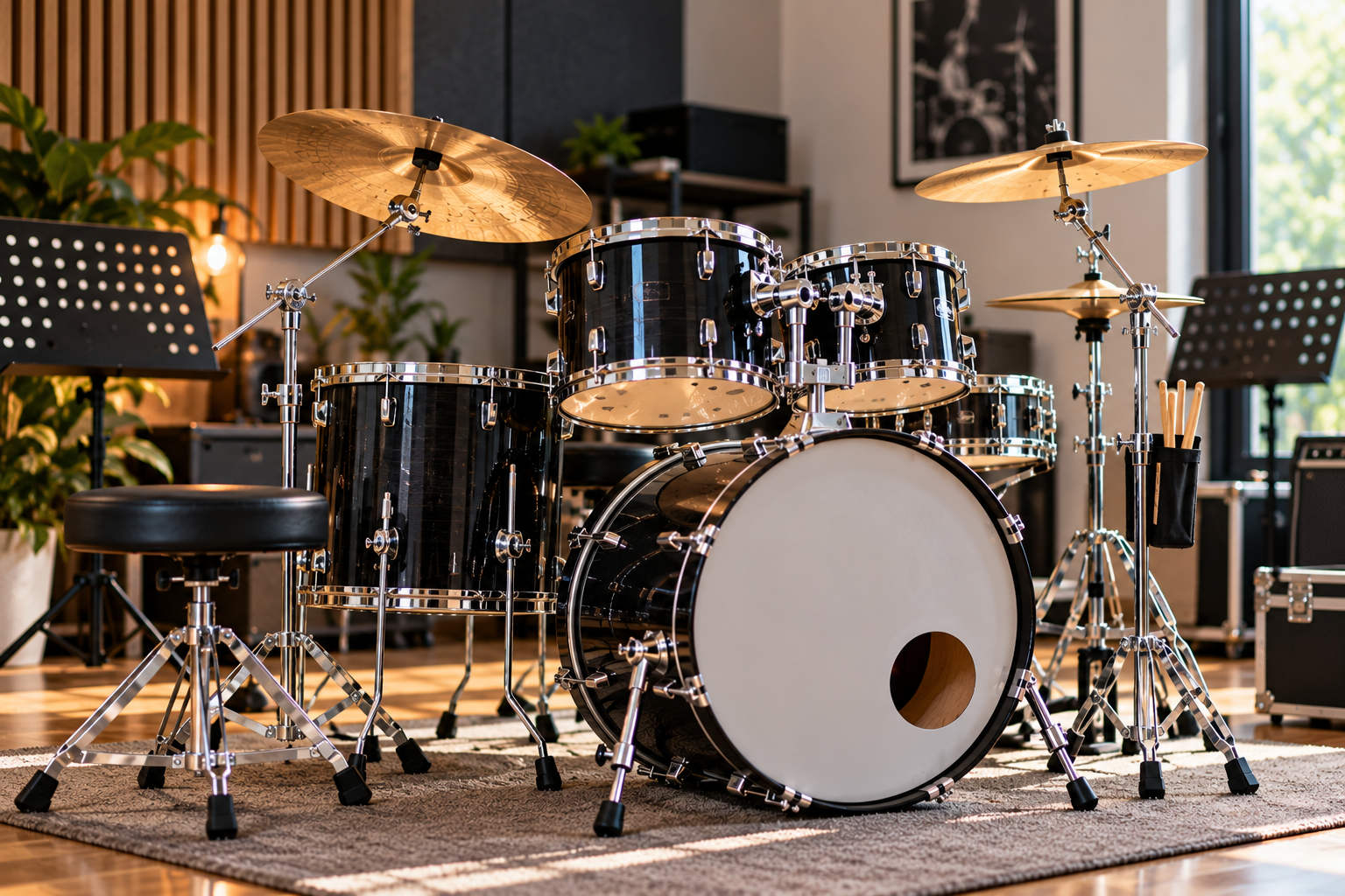 drum set arranged appropriately in a practice space