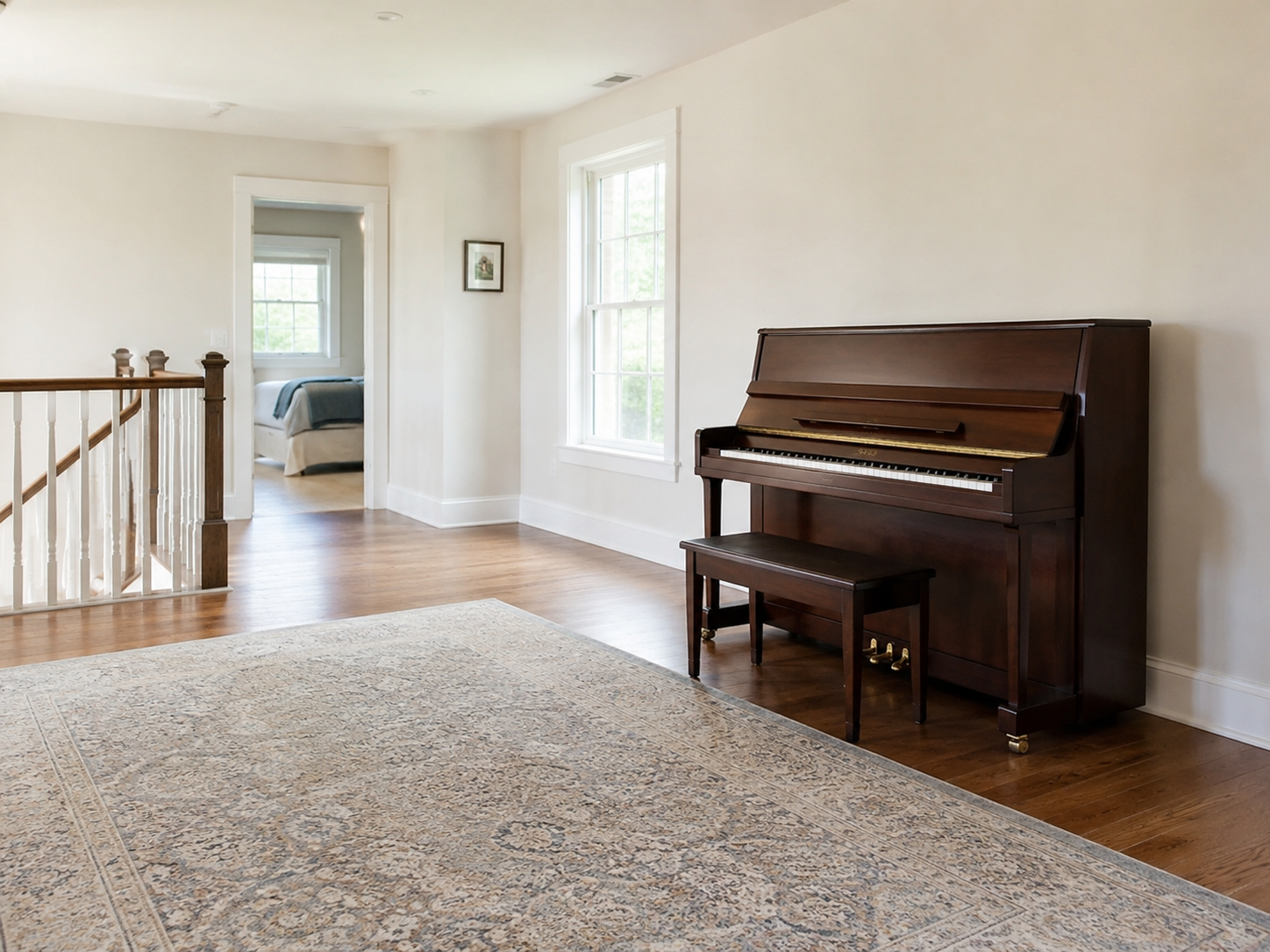 An Upright Piano placed safely on a stable second-floor area away from sunlight and moisture