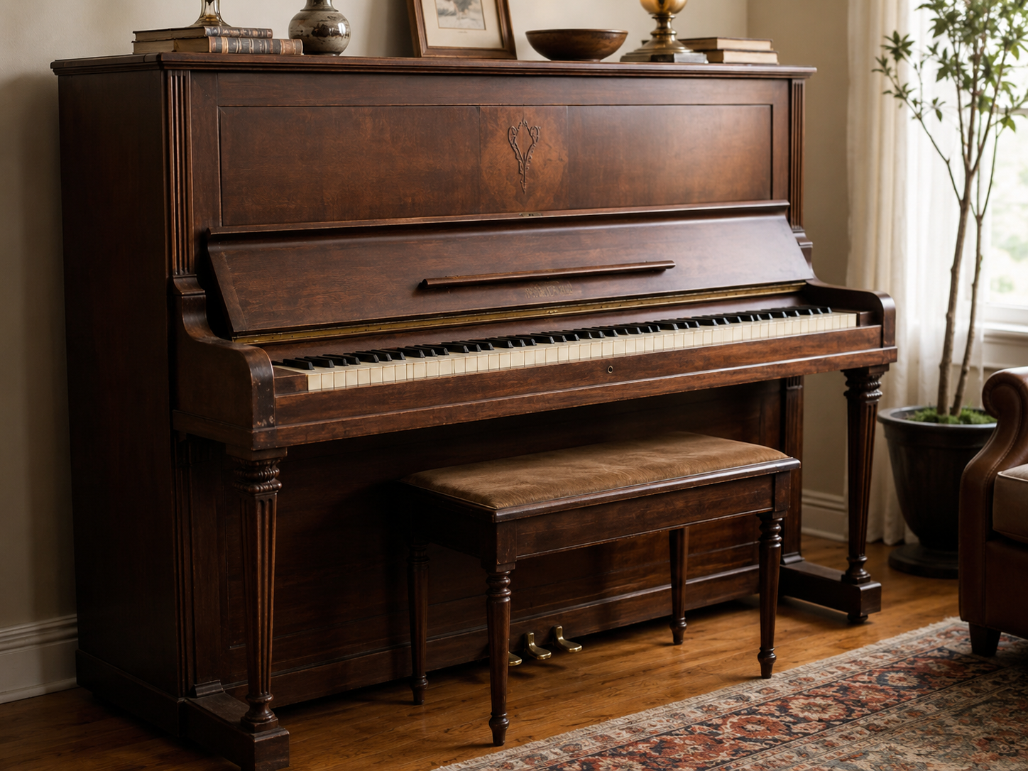 An old upright piano with signs of use that may still be worth repairing and continuing to use