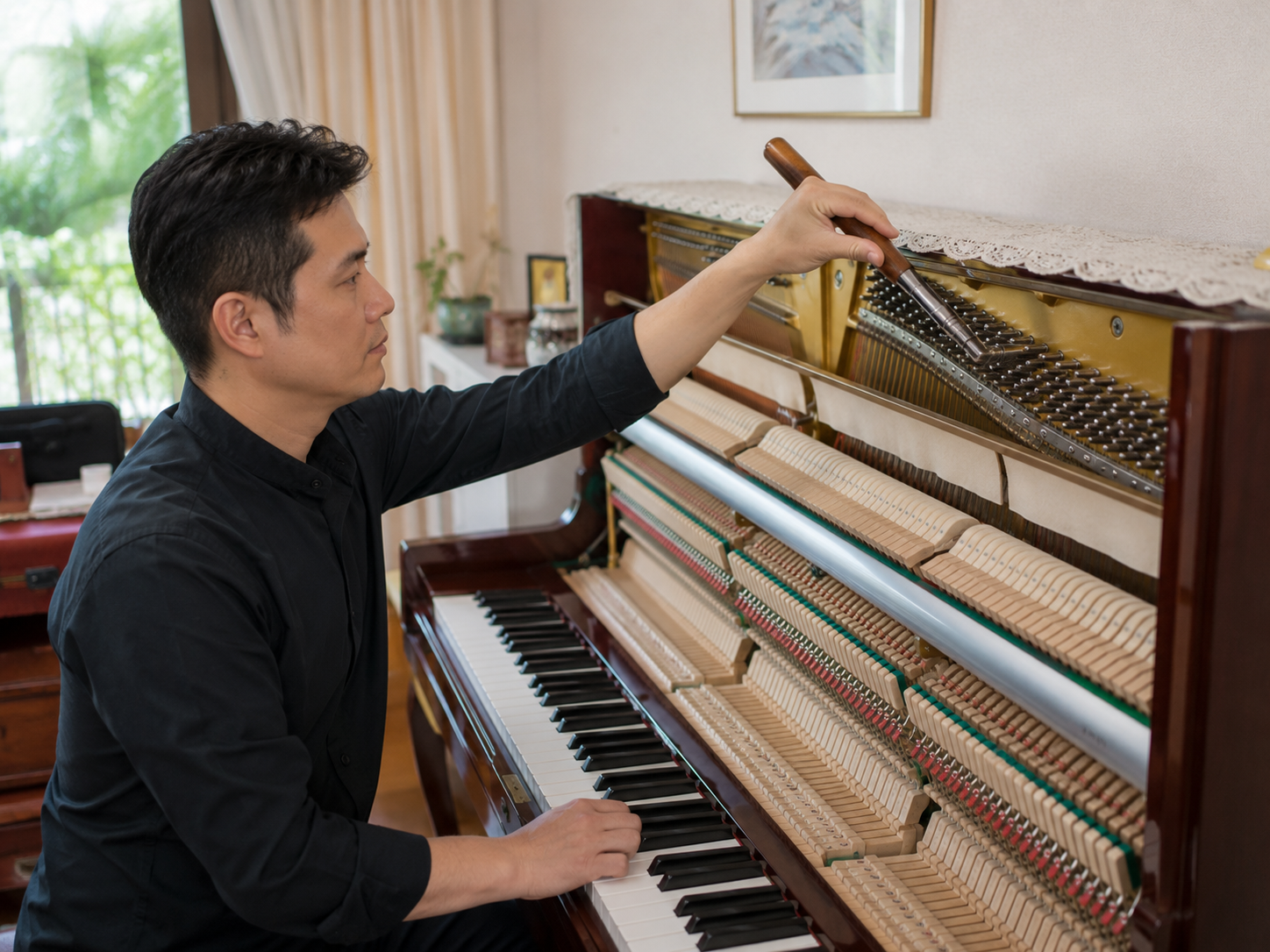 A piano technician tuning an acoustic upright piano after home delivery