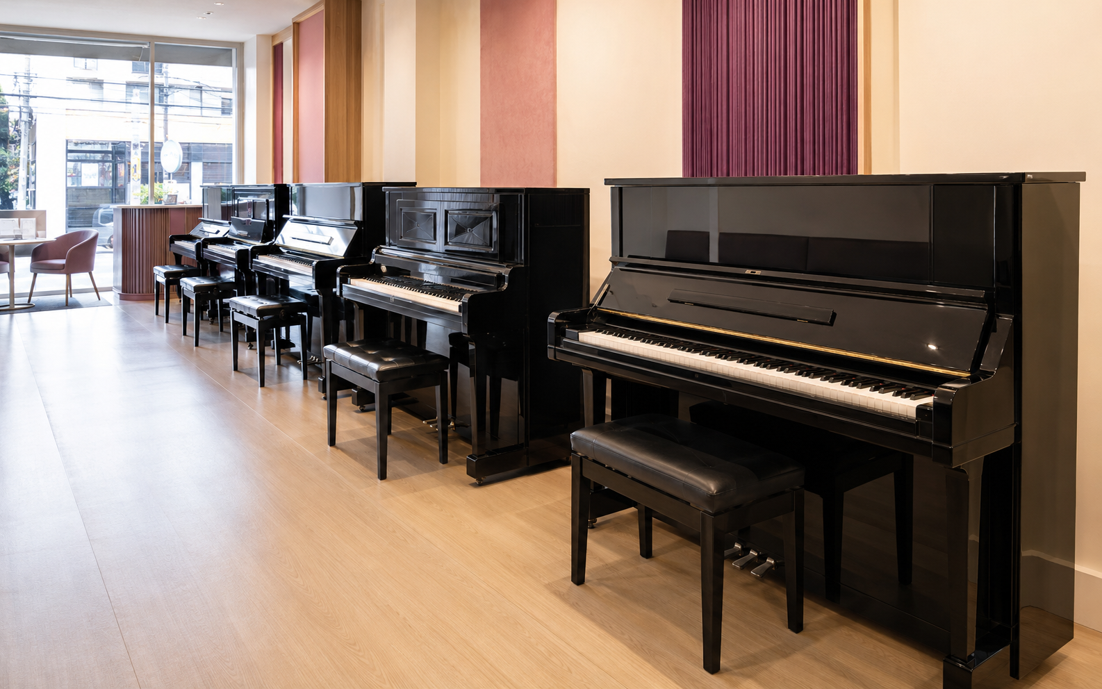Used Yamaha piano from Japan in a Churairat Music showroom